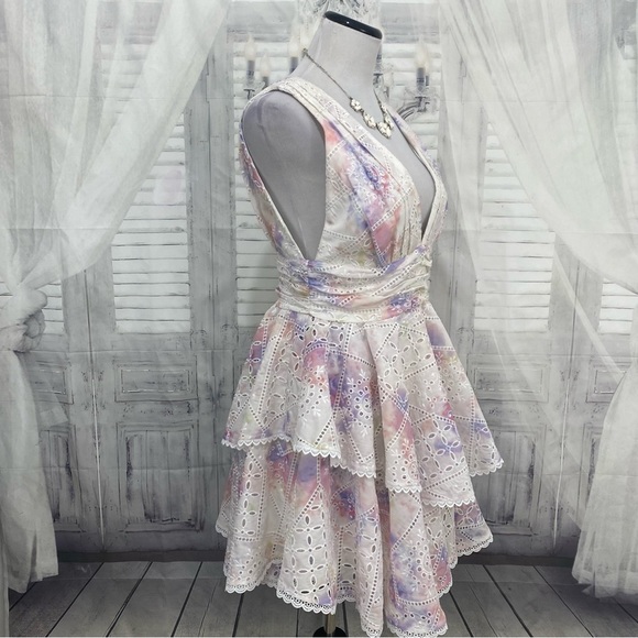 Gianni Bini White Purple Embroidered Plunge Deep V Neck Ruffle Tiered Dress NEW - Picture 7 of 12